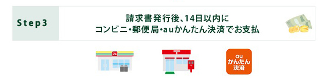 請求書発行後、14日以内にコンビニ・郵便局・auかんたん決済でお支払